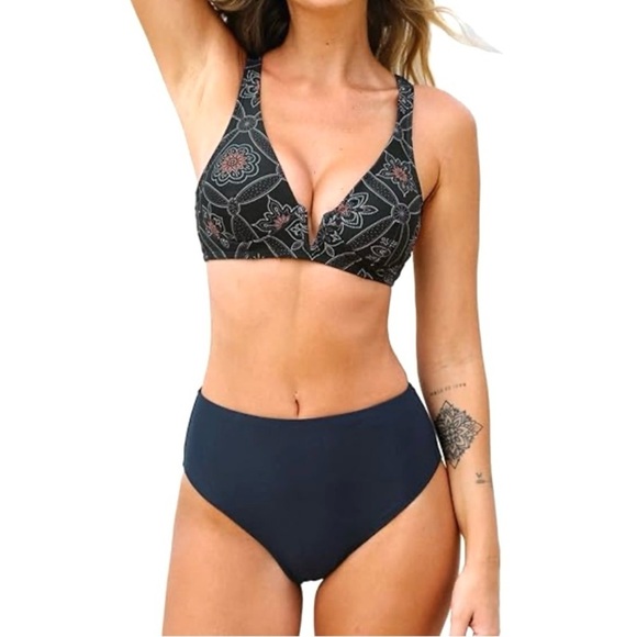CUPSHE Bikini V Neck Bralette High Waist Ethnic Pattern Two Piece Swimsuit NWT S - Picture 1 of 9
